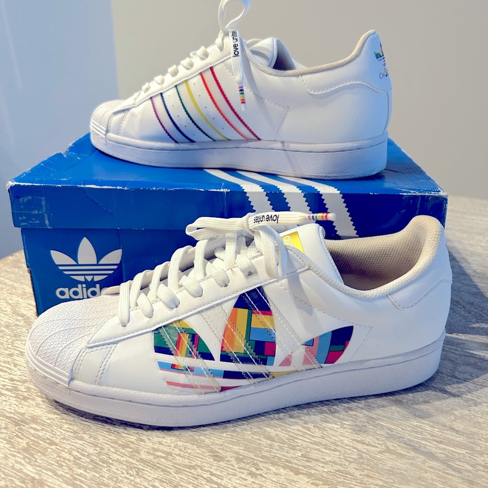 adidas White Sneakers with Colorful Geometric Stripes